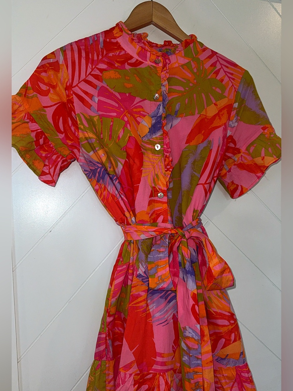 J.Marie $172 Eden Printed Ruffle High Neck Tie Waist A-Line Midi Dress medium - Picture 6 of 11